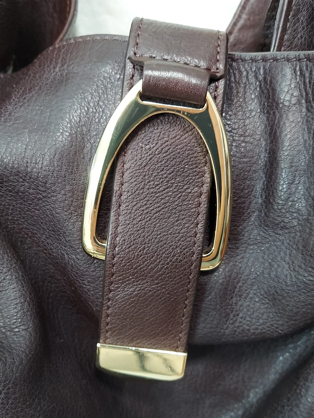 G.I.L.I. Leather Bag, Brown, Gold Stirrup Hardware, Double Handle, Tassel